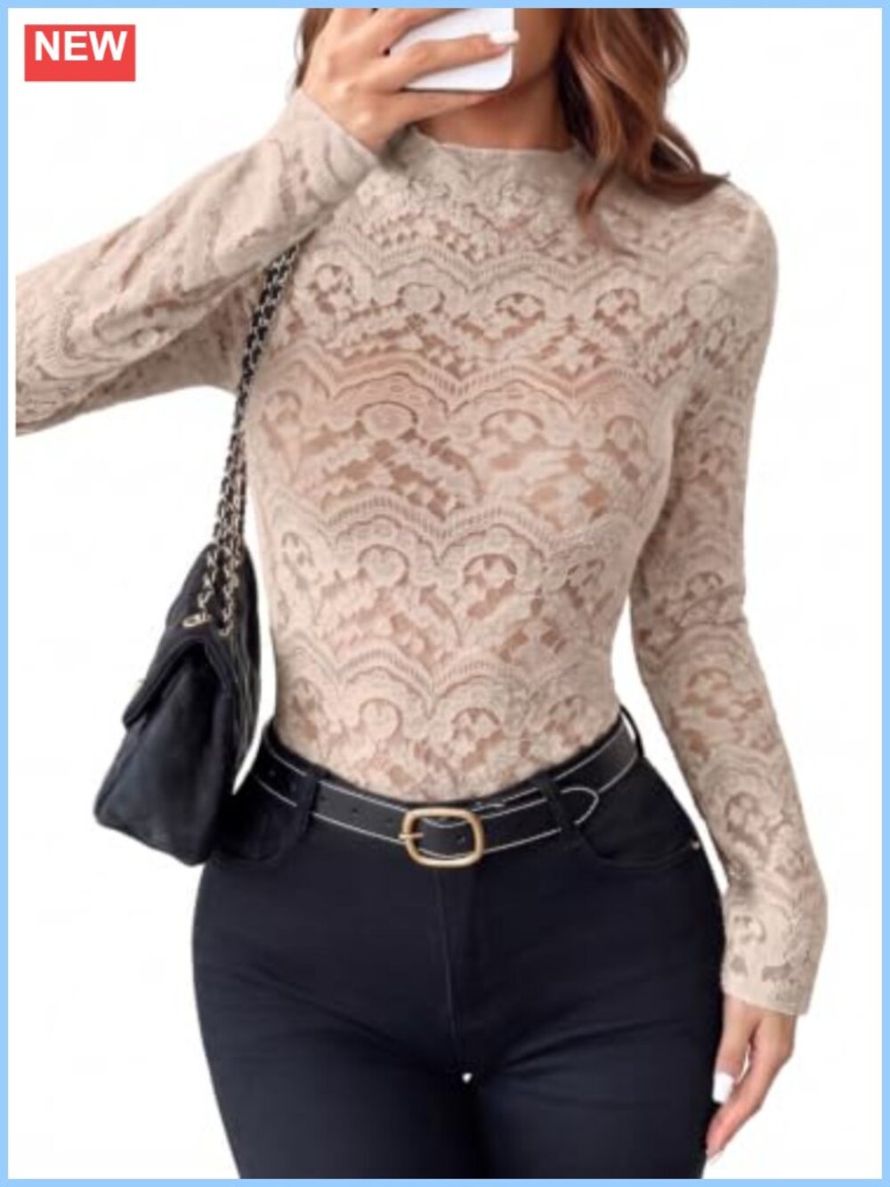 Lace Mock Neck Long Sleeve Sheer Blouse